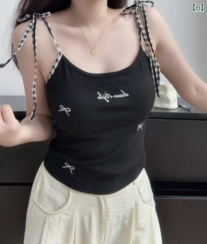 タンクトップ レディース 韓国風 バタフライ リボン 刺繍入り デザイン ノースリーブ トップス 春夏 スリムフィット ショート丈 白 黒 グレー