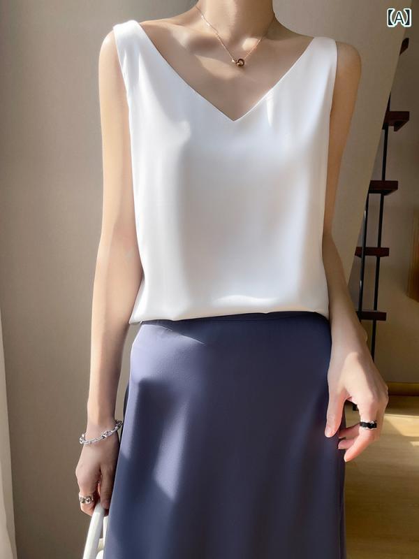 タンクトップ レディース トップス 韓国 ファッション サマー ウェア サテン Vネック ノースリーブ インナーウェア スーツ インナー 白 シャンパン 銀 グレー 赤 緑 紺 ワインレッド ポリエステル 無地 通勤 エレガント 2