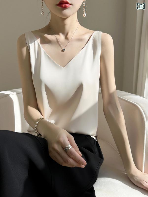 タンクトップ レディース トップス 韓国 ファッション サマー ウェア サテン Vネック ノースリーブ インナーウェア スーツ インナー 白 シャンパン 銀 グレー 赤 緑 紺 ワインレッド ポリエステル 無地 通勤 エレガント 3