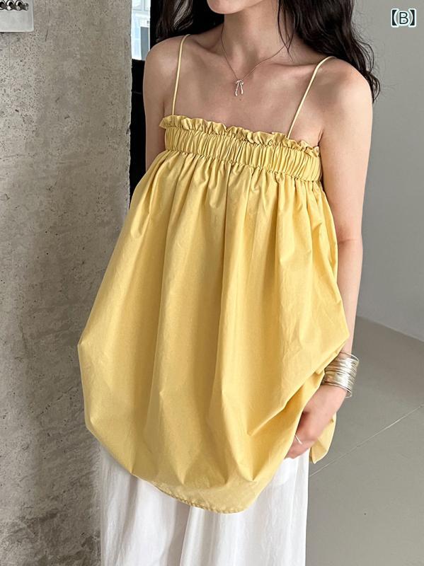 タンクトップ レディース 一字肩 トップス 韓国風 リゾート 木耳フリル チュニック丈 コットン 白 黄色 黒
