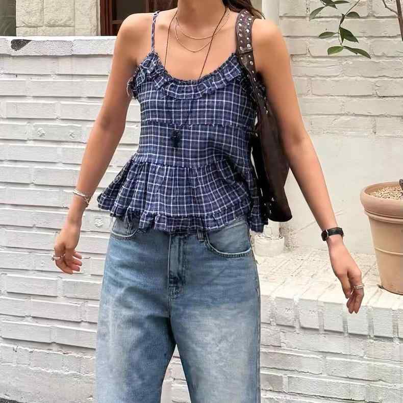 キャミソール レディース 韓国風 かわいい ガーリー 格子柄 ギンガムチェック 涼しい 接触冷感 コット..