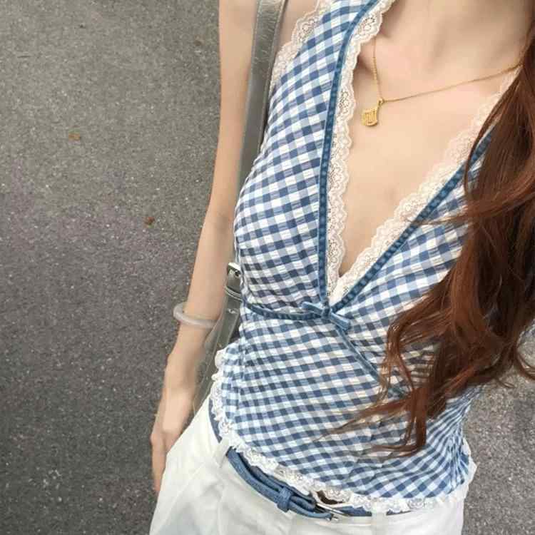 タンクトップ レディース 韓国風 レース 切り替え ブルー チェック柄 深Vネック セクシー ショート丈 アメリカンスリーブ トップス