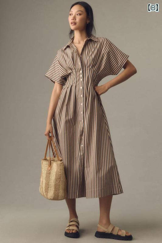 ワンピース レディース 膝丈 傘 高腰 ウエスト 切り替え コットン 縞模様 ストライプ柄 黒 白 ブラック ブラウン S M L XL XXL XXXL 通勤 五分袖 翻領