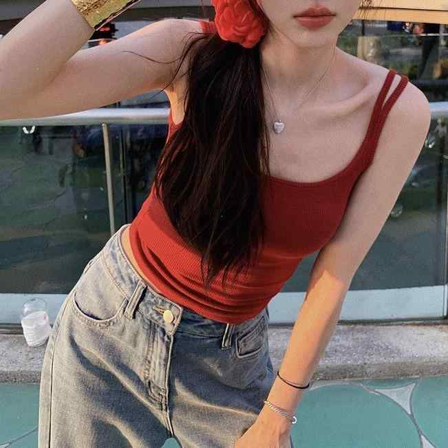 キャミソール レディース デザインタンクトップ カップ付き トップス 無地 スリムフィット ロング丈 春夏秋冬 黒 白 赤 伸縮性 韓国風