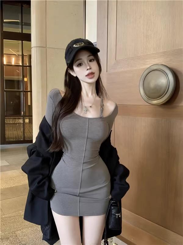 ワンピース レディース 春秋 露肩 長袖 ミニ丈 タイト Uネック ポリエステル 無地 セクシー スタイル グレー ブラック