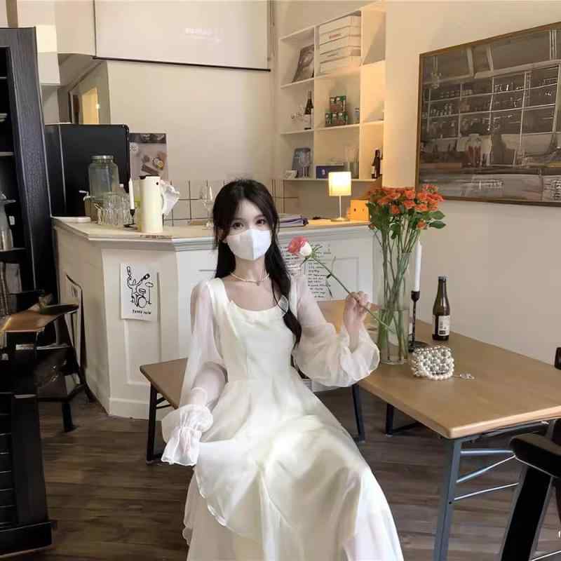 ワンピース レディース 高腰 仙女裙 白 长袖 方领 荷叶边 纯色 雪纺 海边 リゾート 旅行 ビーチ 通勤 ..