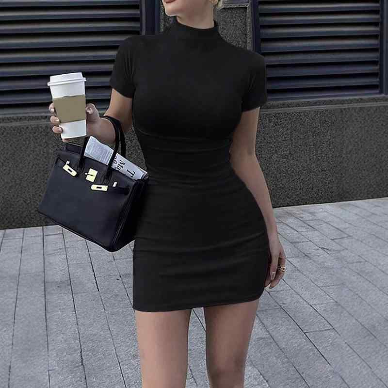 ワンピース レディース 半袖 無地 高 Neck ハイネック ショート丈 スリム タイトスカート ミニ丈 春夏 ホワイト ブラック レッド