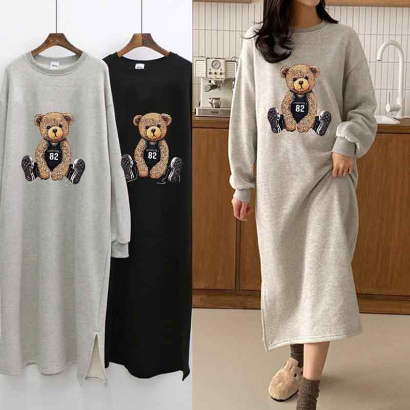 ワンピース レディース Aライン ラウンドネック 長袖 ミモレ丈 膝下丈 ゆったり 大きいサイズ 裏起毛 秋冬 カジュアル 普段使い 部屋着..