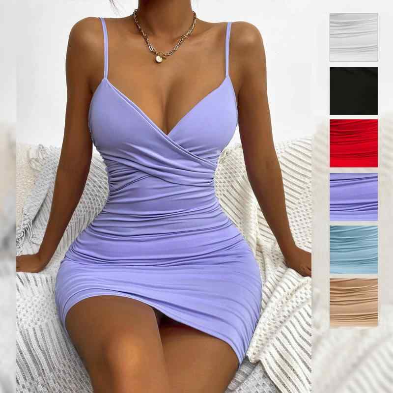 ワンピース レディース Vネック ノースリーブ 包臀 ショート丈 伸縮性 接触冷感 無地 ホワイト カーキ ..