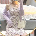 ワンピース レディース Aライン 花柄 吊りスカート ミニワンピース ポリエステル 高腰 ノースリーブ パープル カーディガン付き エレガント スタイル
