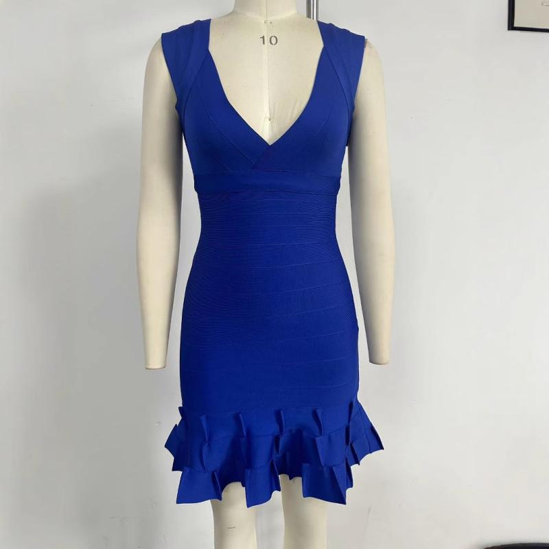 ワンピース レディース ストレッチ 伸縮性 タイト セクシー Vネック 無袖 ミニ丈 包臀 露出バック ポリエステル ブルー 青 膝上 膝丈(4)