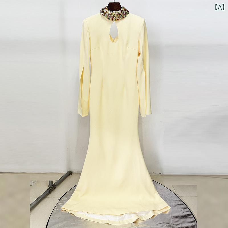 ワンピース レディース パーティードレス イブニングドレス ロングドレス 立襟 釘打ち ビジュー スリット袖 コットン ポリエステル 混紡 薄黄色 赤紫色 エレガント 気質 小さいサイズから大きいサイズ 結婚式 二次会 お呼ばれ