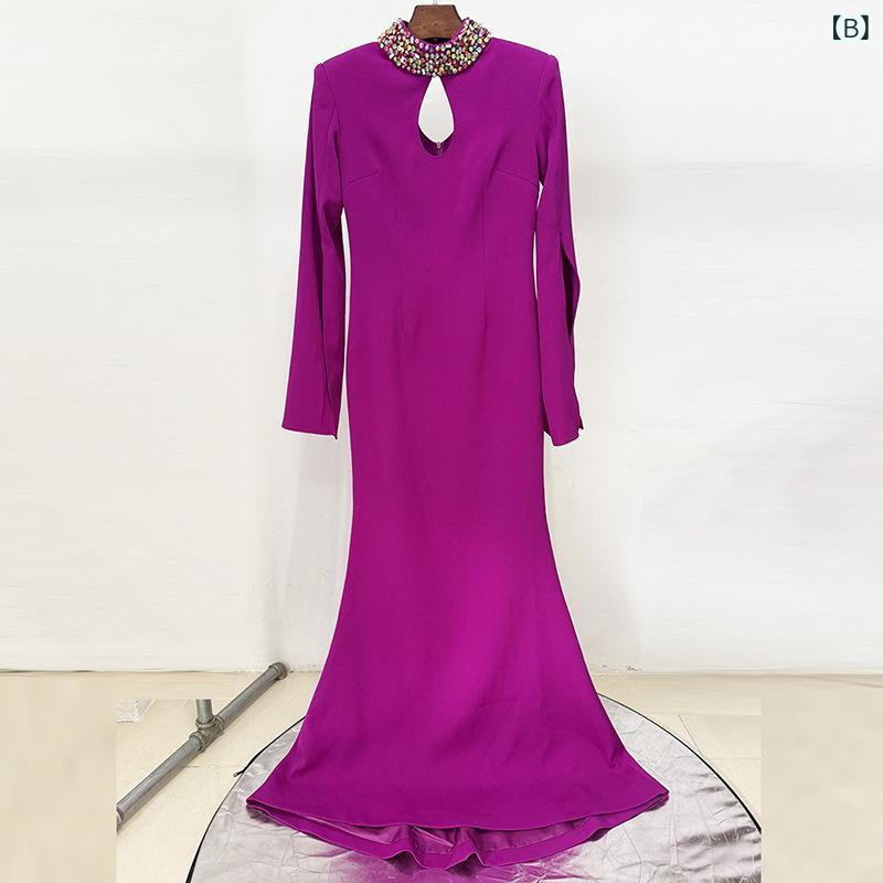 ワンピース レディース パーティードレス イブニングドレス ロングドレス 立襟 釘打ち ビジュー スリット袖 コットン ポリエステル 混紡 薄黄色 赤紫色 エレガント 気質 小さいサイズから大きいサイズ 結婚式 二次会 お呼ばれ