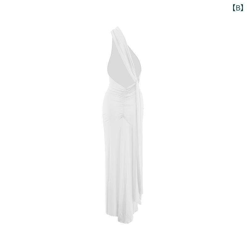 ワンピース レディース 斜め肩 ノースリーブ ロング丈 スリムフィット バックオープン ドレープ 無地 ブラック ホワイト ピンク系 レッド 再生繊維 ポリエステル スタイルアップ セクシー