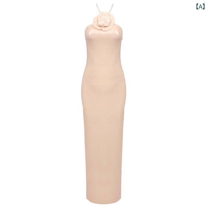 ワンピース レディース 杏色 白色 スパンコール 膝下 ノースリーブ ポリエステル ギャザー Aライン イレギュラーヘム パーティードレス キャミソールワンピース セクシー