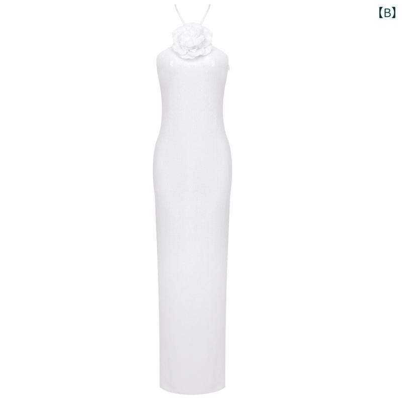 ワンピース レディース 杏色 白色 スパンコール 膝下 ノースリーブ ポリエステル ギャザー Aライン イレギュラーヘム パーティードレス キャミソールワンピース セクシー