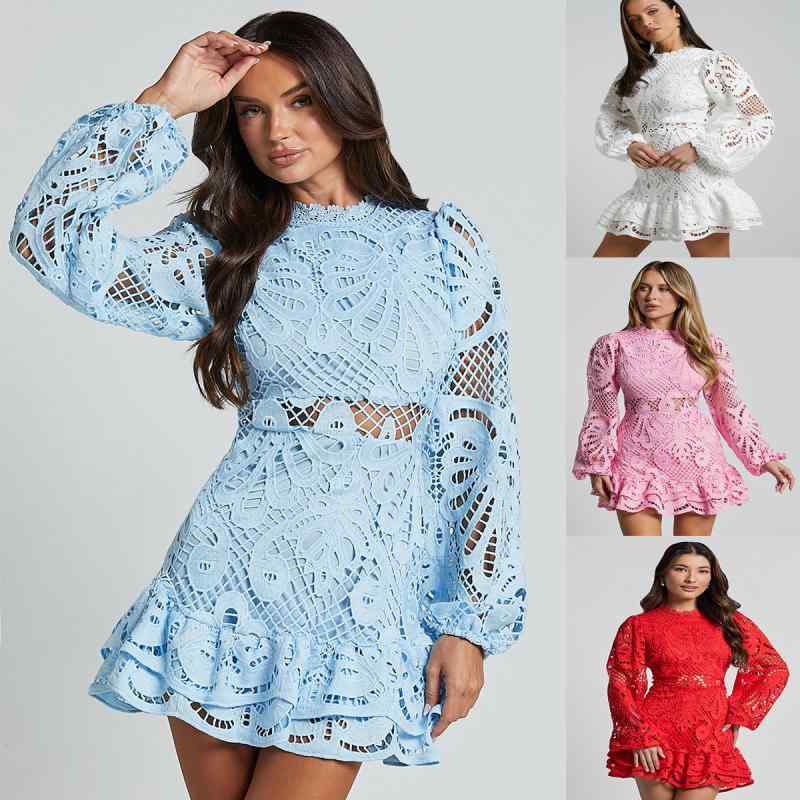 ワンピース レディース 膝上 Aライン レース チュール 長袖 パフスリーブ スタンドカラー ピンク系 黒 白 赤 欧美風 パーティードレス 結婚式 二次会 お呼ばれ