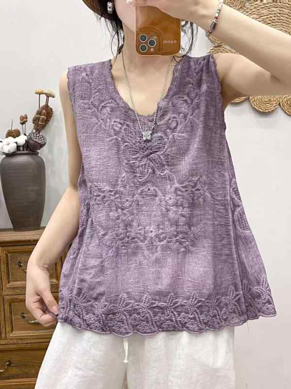 楽天シャドーテールタンクトップ レディース Uネック 接触冷感 レース コットンリネン ゆったり 軍緑色 コーヒー色 グレー 紫色 白色