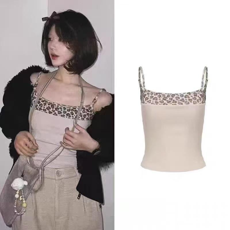 キャミソール レディース 春夏 ヒョウ柄 コットン インナー 吊り下げ式タンクトップ 黒 白 グレー ピンク系