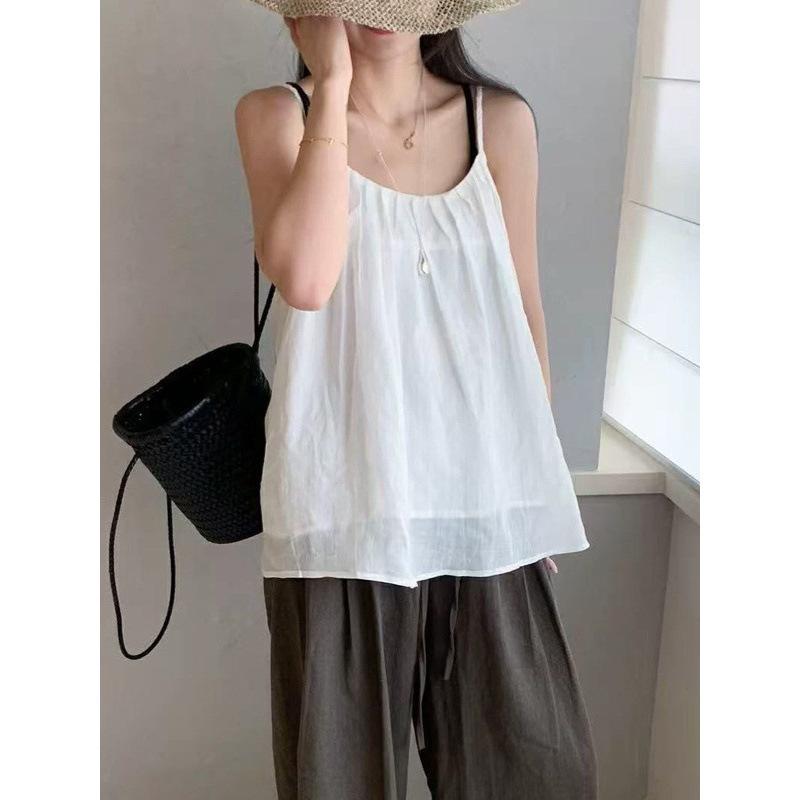 キャミソール レディース 麻混 トップス 韓国風 ノースリーブ 無地 スリム Tシャツ カットソー 春夏 高見え おしゃれ