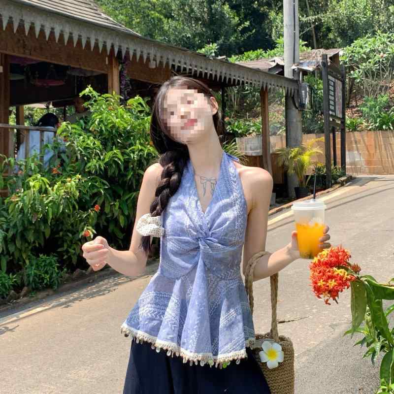 タンクトップ レディース 韓国風 Vネック 釘 スタッズ 短め丈 チューブトップ ホルターネック ブルー A..