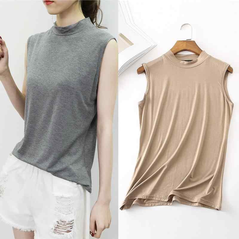 タンクトップ レディース モダール ノースリーブ ハイネック トップス 韓国風 スリム インナー モノトーン
