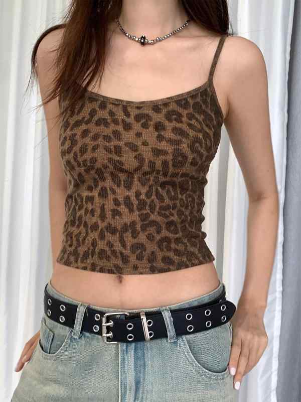 楽天シャドーテールタンクトップ レディース 韓国風 ヒョウ柄 ニット ショート丈 スリムフィット ノースリーブ トップス 春夏 コットン