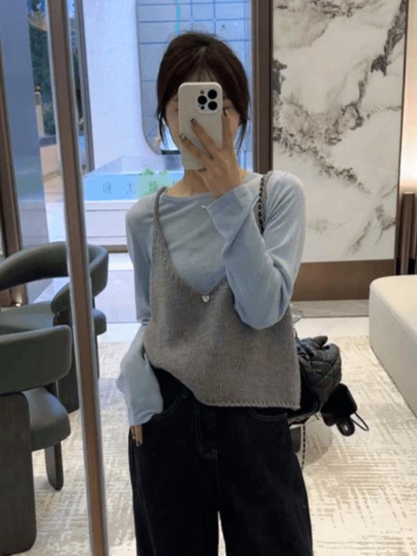 ニット レディース 韓国風 Vネック ニットキャミソール 重ね着 ノースリーブ ショート丈 トップス アク..