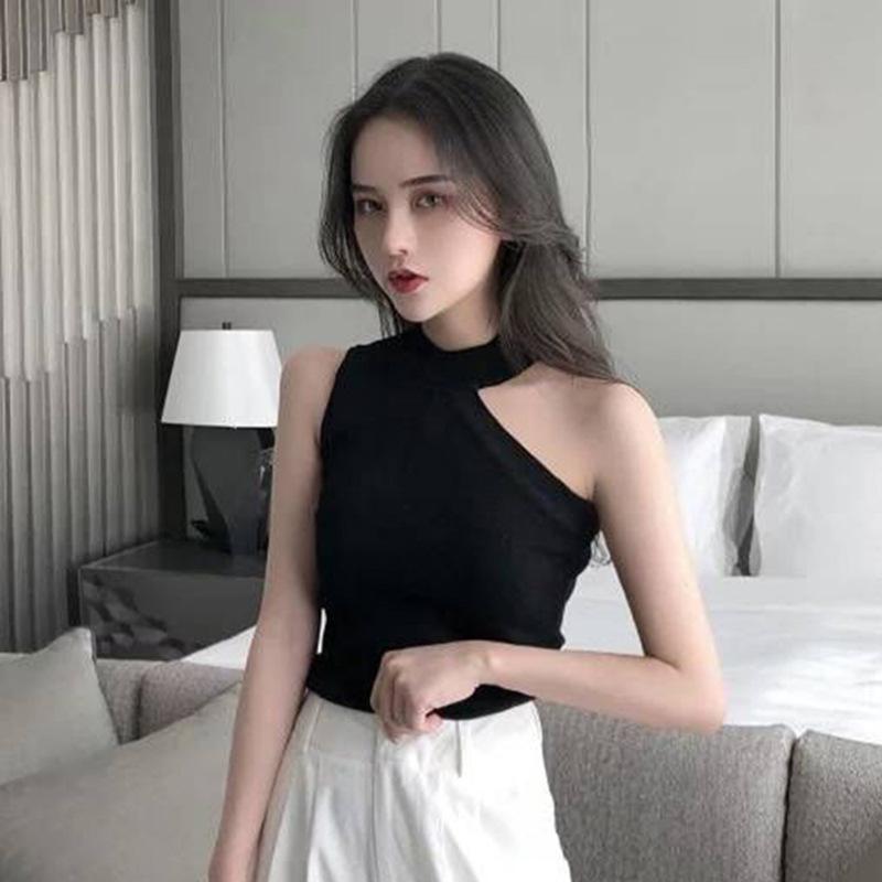 タンクトップ レディース 接触冷感 ニット トップス ノースリーブ 無地 黒 スリムフィット セクシー 韓国風 接触冷感 通勤(4.0)