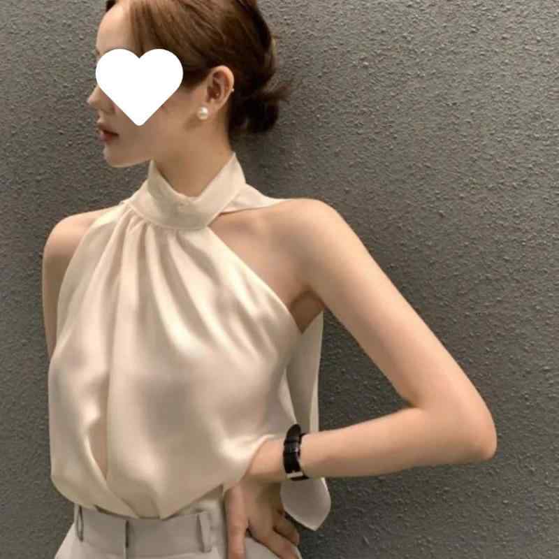 タンクトップ レディース エレガント チョーカー風デザイン 光沢感 サテン シフォン ゆったり 無袖 白 黒 青 ベージュ XS S M L XL