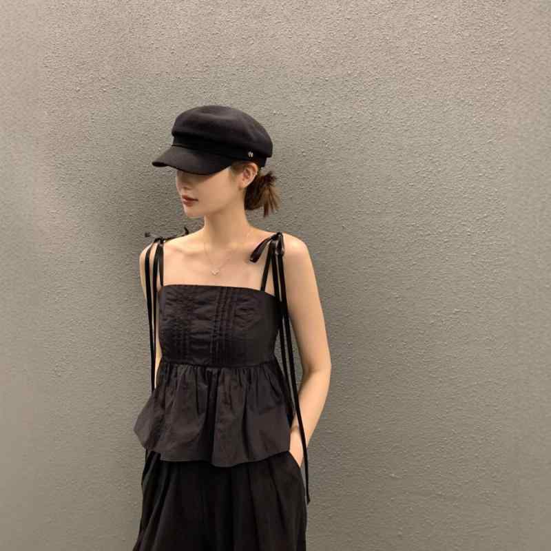 楽天シャドーテールタンクトップ レディース 韓国風 一字肩 チューブトップ デザイン リボン 蝶結び スリム 細見え ノースリーブ トップス ブラック ホワイト