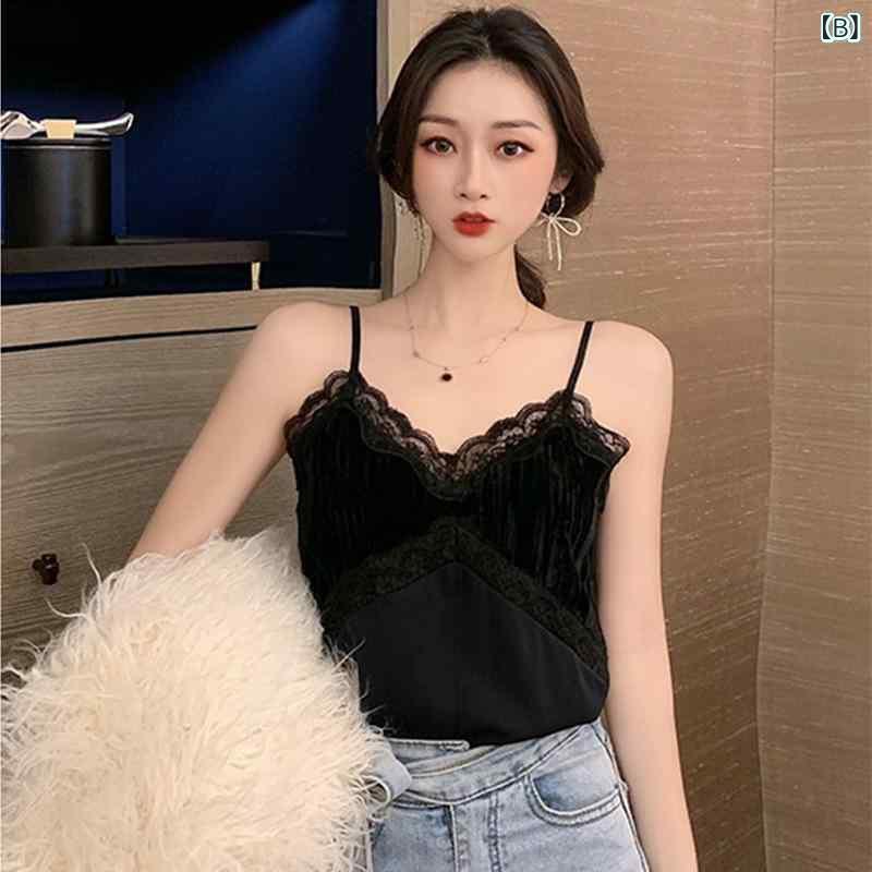 レディース トップス レース プリーツ ベルベット キャミソール インナー 秋 普段使い 軽量 伸縮性 吸湿速乾 ブラック