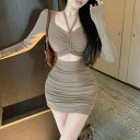 ワンピース レディース 膝上丈 吊りスカート キャミソール 無地 TR面料 スリムフィット 中国風 レトロ 長袖 ショート丈 ブラック カーキ