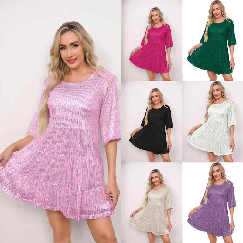 ワンピース レディース Aライン ミニ丈 半袖 ラウンドネック 無地 ポリエステル チュール 切り替え 膝上 宴会 パーティー ドレス ブラック ピンク系 シルバー シャンパンゴールド ゆったり 春夏