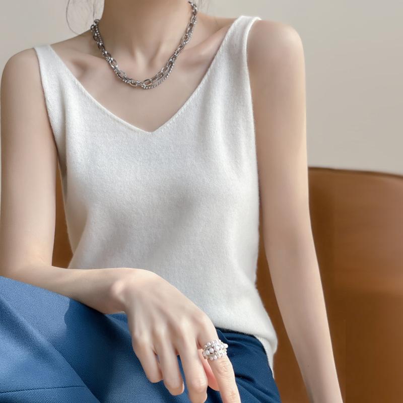 ニット レディース ウール キャミソール インナー トップス 韓国風 Vネック 無地 カシミヤ ベスト 白 黒 ベージュ S M L XL 2XL