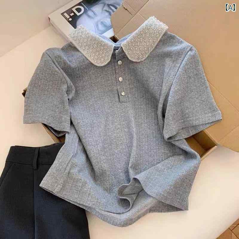 Tシャツ レディース ポロカラー 短袖 グレー 韓系 短め丈 ストレート スリム 気質 女性 小柄 サイズ ポリエステル 無地 セットイン イージーケア ボタン 2025 夏 シンプル 日常使い カジュアル
