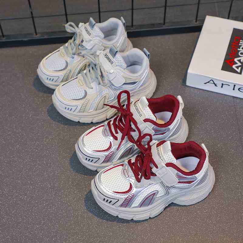 スニーカー キッズ レディース ダッドスニーカー ランニングシューズ 子供靴 春夏 滑り止め 普段使い 通学 運動会 シルバー レッド系