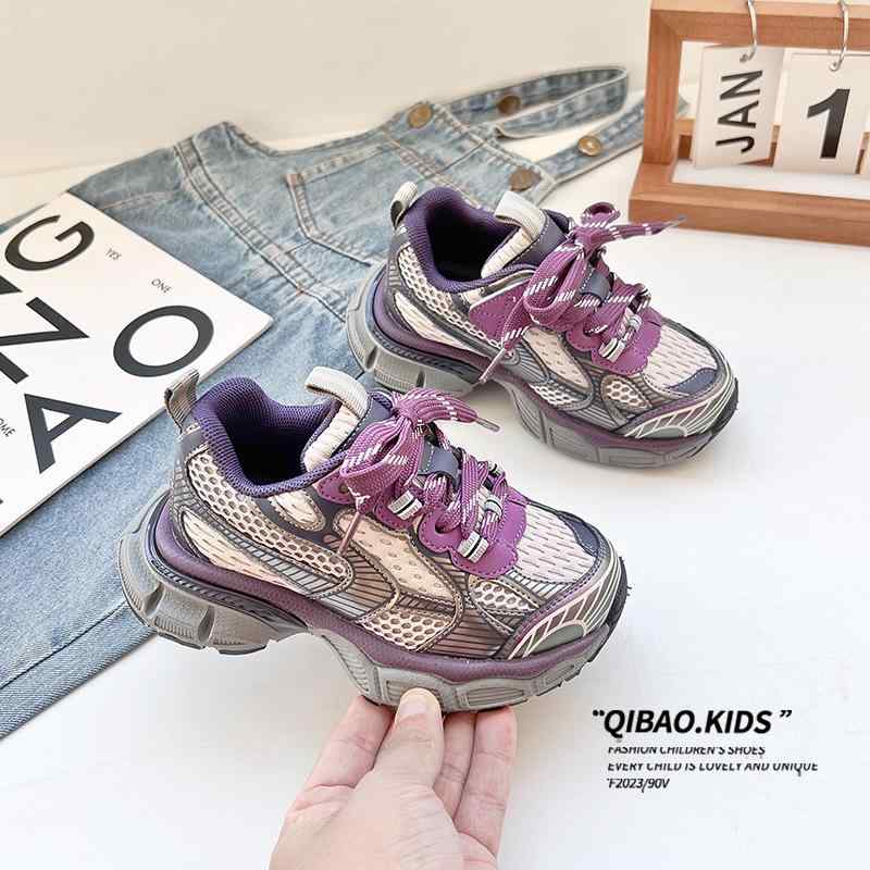 Sneakers - スニーカー キッズ 子供 男女兼用 マジックテープ 運動靴 滑り止め 通気性 ランニング シューズ ダッドスニーカー 春秋 スポーツ パープル 紫 EVA