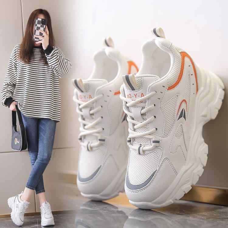 スニーカー レディース 厚底 紐靴 ランニングシューズ スポーツシューズ 運動靴 春 白 ベージュ 切り替..