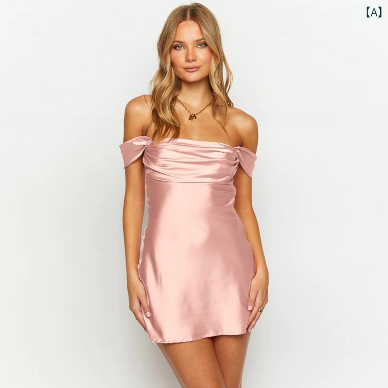 ワンピース レディース Aライン ノースリーブ 膝上 丈 欧美風 無地 一字肩 イチゴ ピンク系 ポリエステル 通勤 エレガント ドレープ