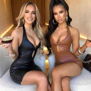 ワンピース レディース 秋冬 ファッション 挂脖 セクシー 镂空 露背 低胸 修身 ショート丈 铅笔裙 Vネック ノースリーブ ポリエステル 無地 高腰 切り替え ブラウン ブラック