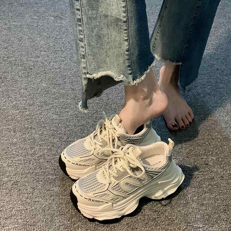 スニーカー レディース 厚底 メッシュ 通気性 韓国 ファッション ランニング シューズ 軽量 運動靴 カジュアル 白 赤 シルバー(4)