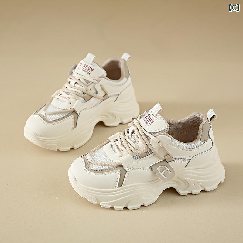 スニーカー レディース 厚底 運動靴 通気性 婦人靴 ローカット ランニング ウォーキング 普段履き ベージュ ブラウン カーキ 配色 春夏 3