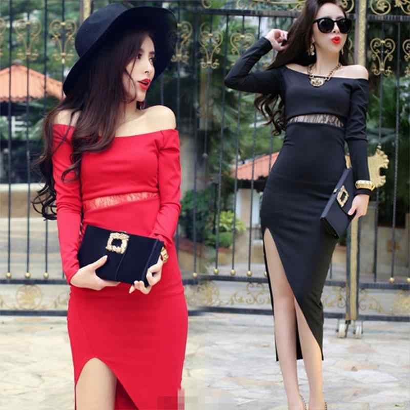 ワンピース レディース 膝丈ワンピース セクシー 肩出し ウエスト見せ ドレス 赤 黒 無地 欧米風 アセテート混紡 S M L