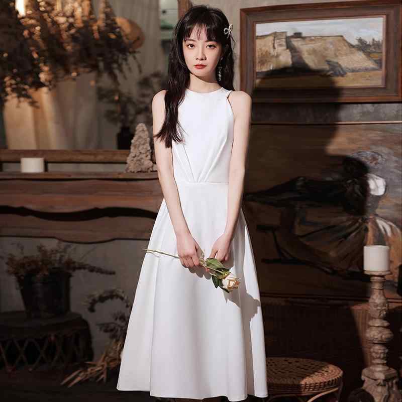 パーティードレス レディース イブニングドレス 膝丈 Aライン ワンピース 春夏 韓国風 ホワイト 無地 エレガント 発表会 演奏会 お呼ばれ(x2)