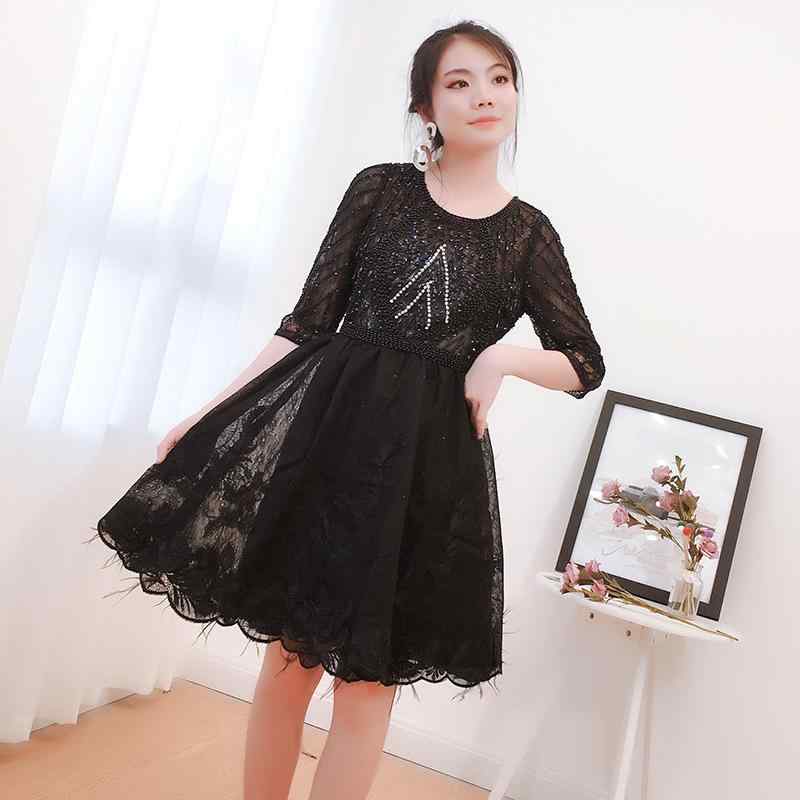 ワンピース レディース 半袖 膝丈 Aライン チュール レース 刺繡 パーティー ドレス 演奏会 フォーマル ブラック