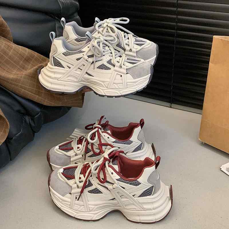 スニーカー レディース 厚底 レトロ ランニングシューズ ウォーキングシューズ スポーツシューズ 婦人靴 女性 真皮 レザー メッシュ 春秋 米色 赤 グレー