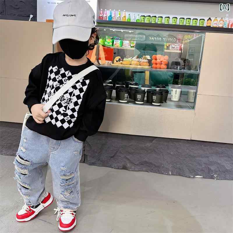 子供服 デニムパンツ 春秋 子供用 ジーンズ ロングパンツ 穴あきデザイン ウエスト...