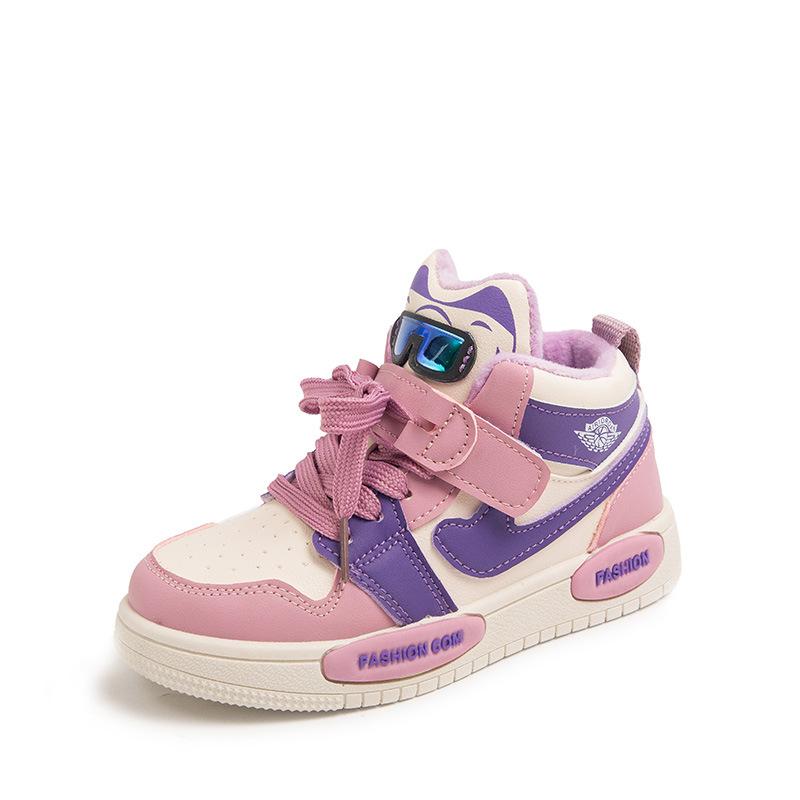 スニーカー キッズ 女の子 カジュアルシューズ 子供靴 秋冬 防寒 ベルクロ 人工皮革 防水 手绘柄 EVAソール 軽量 運動靴 通学履き 普段使い パープル ピンク系