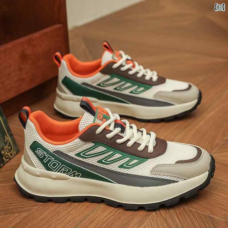 シャドーテールのスニーカー メンズ 男性用 運動靴 ランニングシューズ スポーツシューズ 厚底 ローカット 軽量 履きやすい 疲れない 通気性 春夏秋冬 白 緑 アイボリー｜アングル3